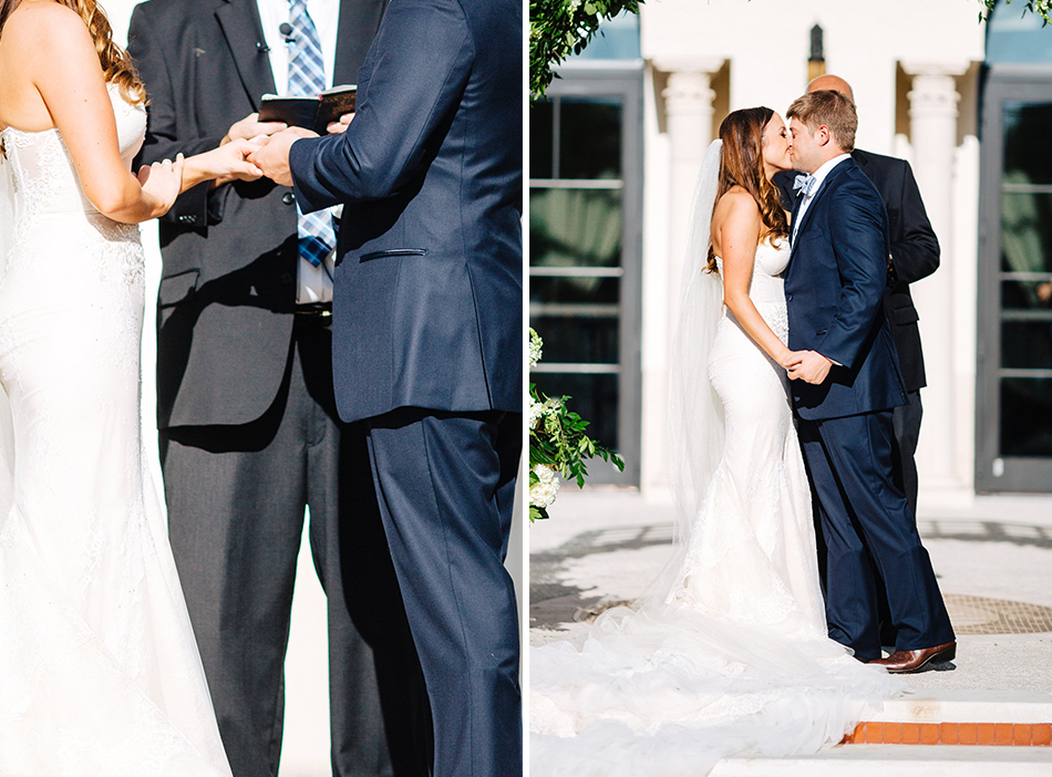 bride and groom first kiss